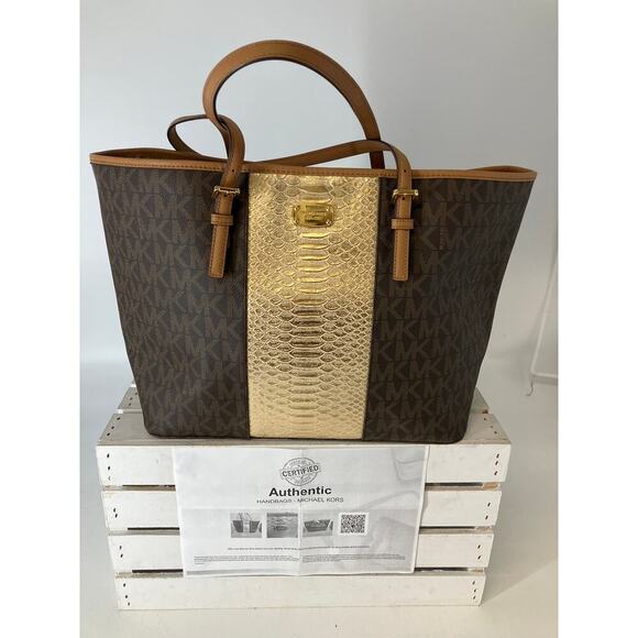 MICHAEL KORS, XL SIGNATURE GOLD ANIMAL SHOULDER TOTE BAG - Picture 1 of 16